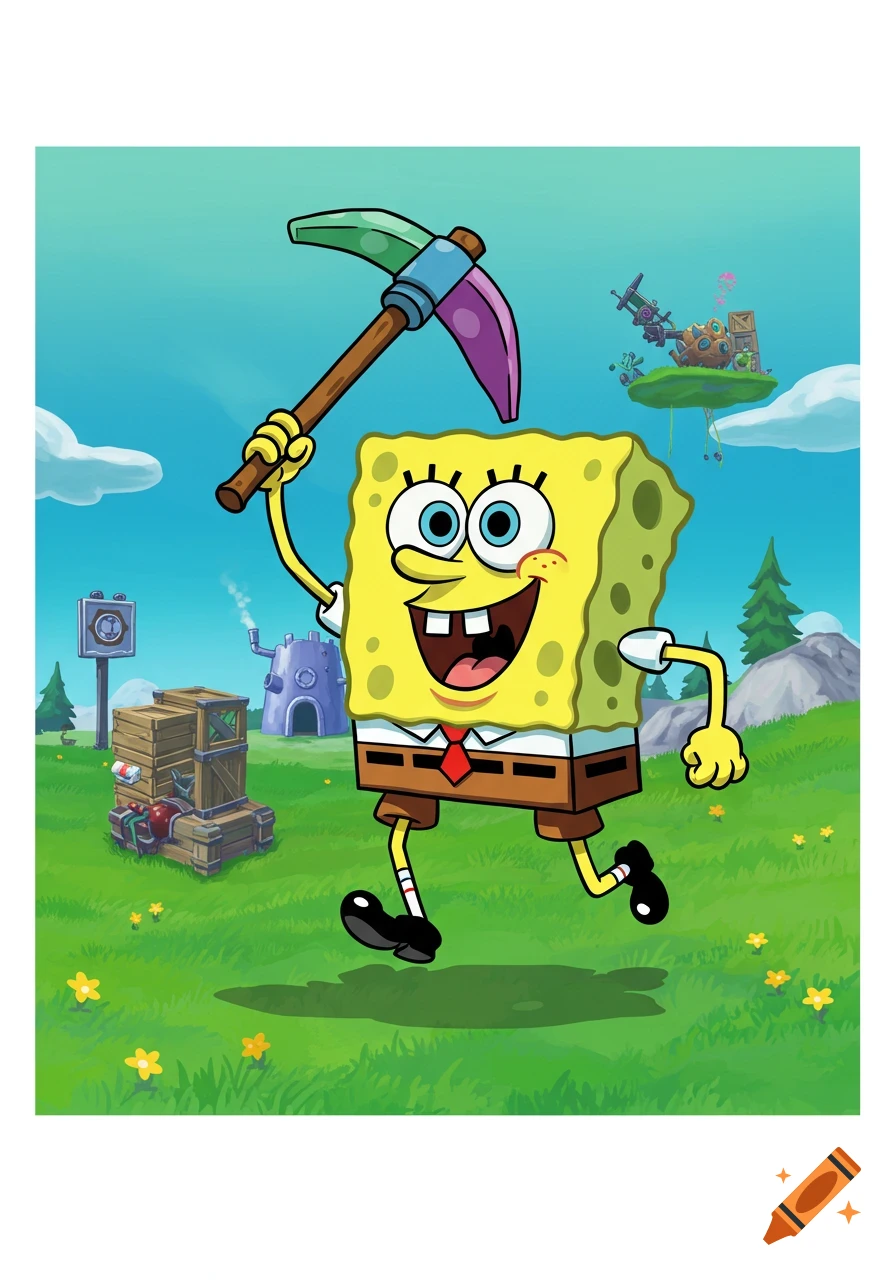 SpongeBob SquarePants holds a pickaxe in a cartoon style landscape resembling Fortnite.