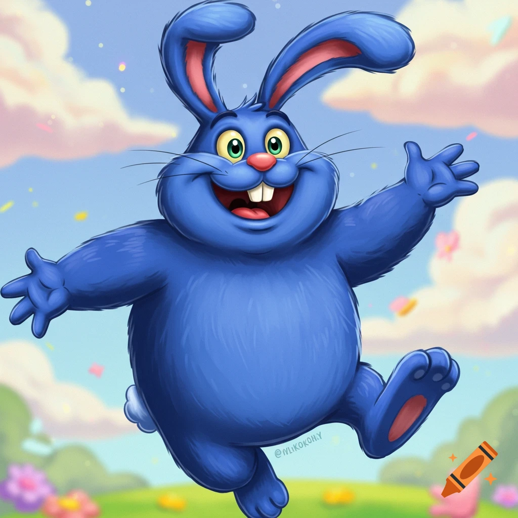 A fluffy blue cartoon rabbit jumps happily in a field with flowers and clouds.