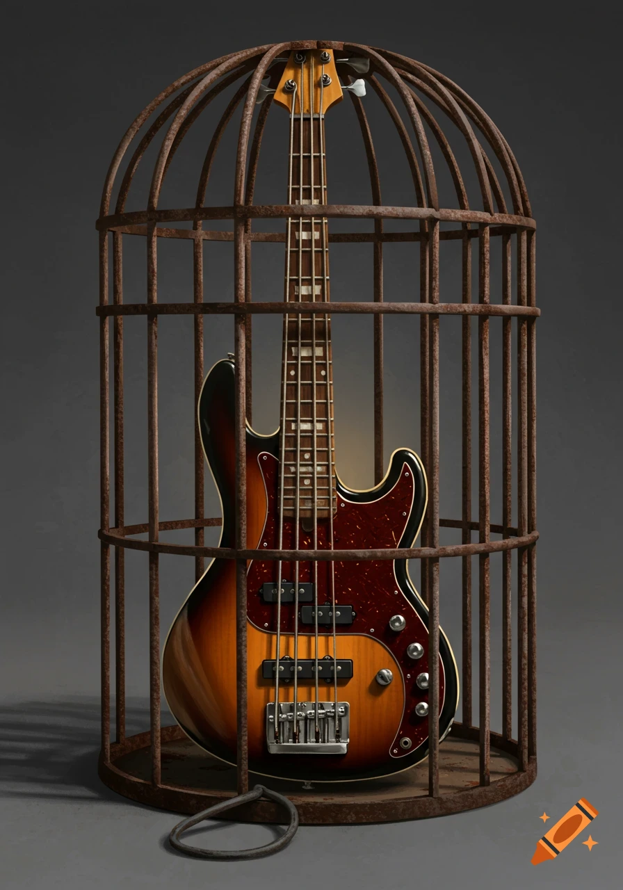 A realistic bass guitar sits inside a rusted cage.