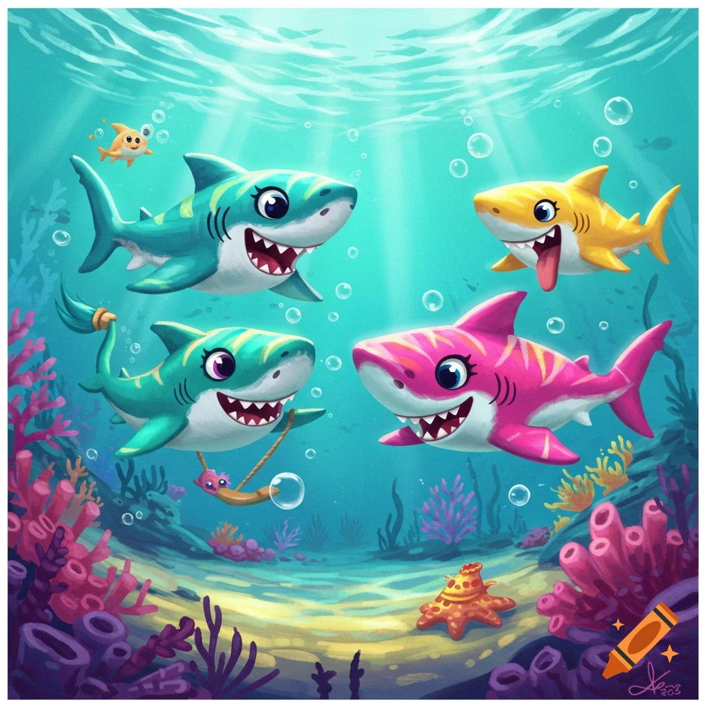 Colorful cartoon sharks swim underwater with coral.