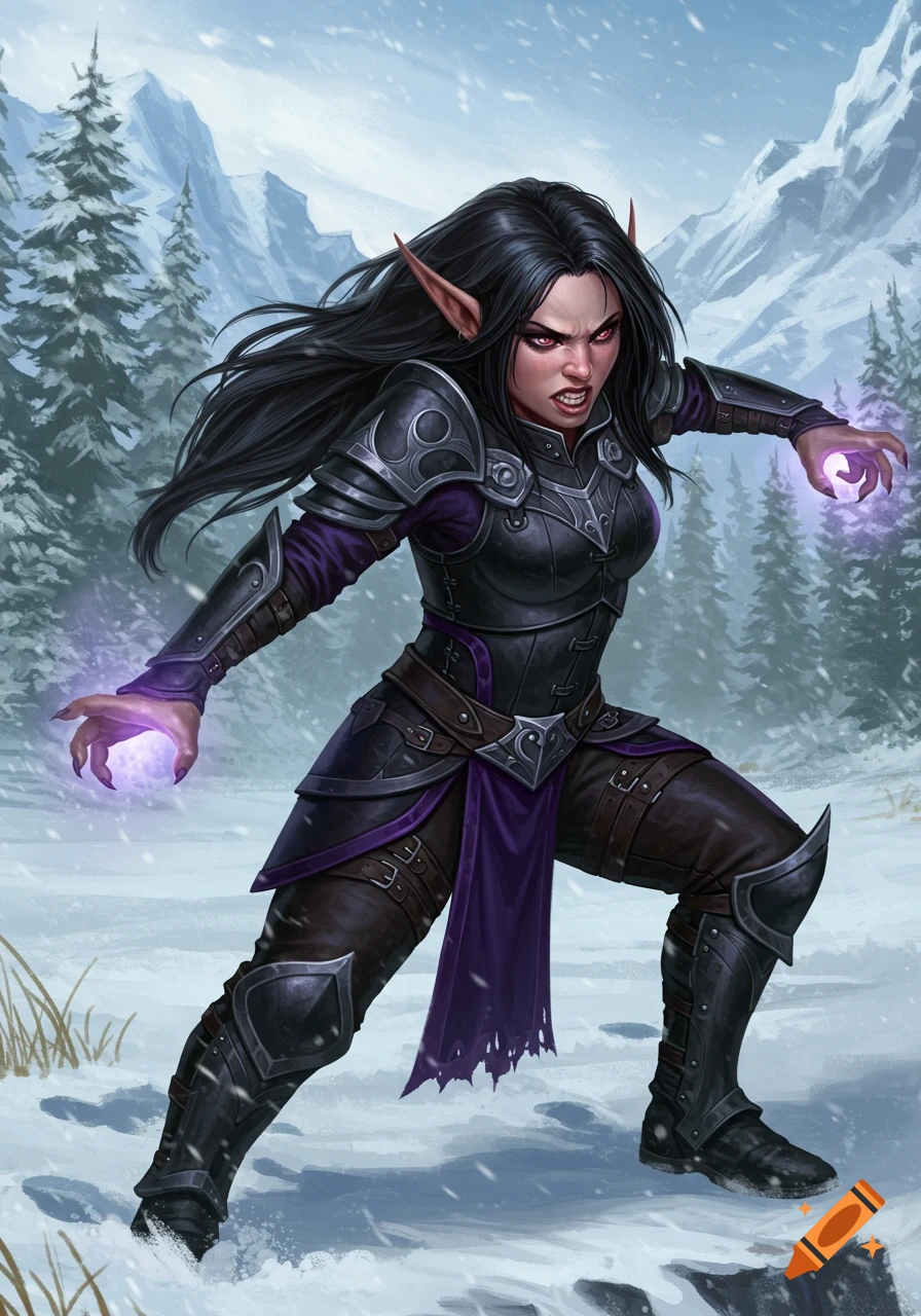A female fantasy character in armor casts magic in a snowy mountain landscape.