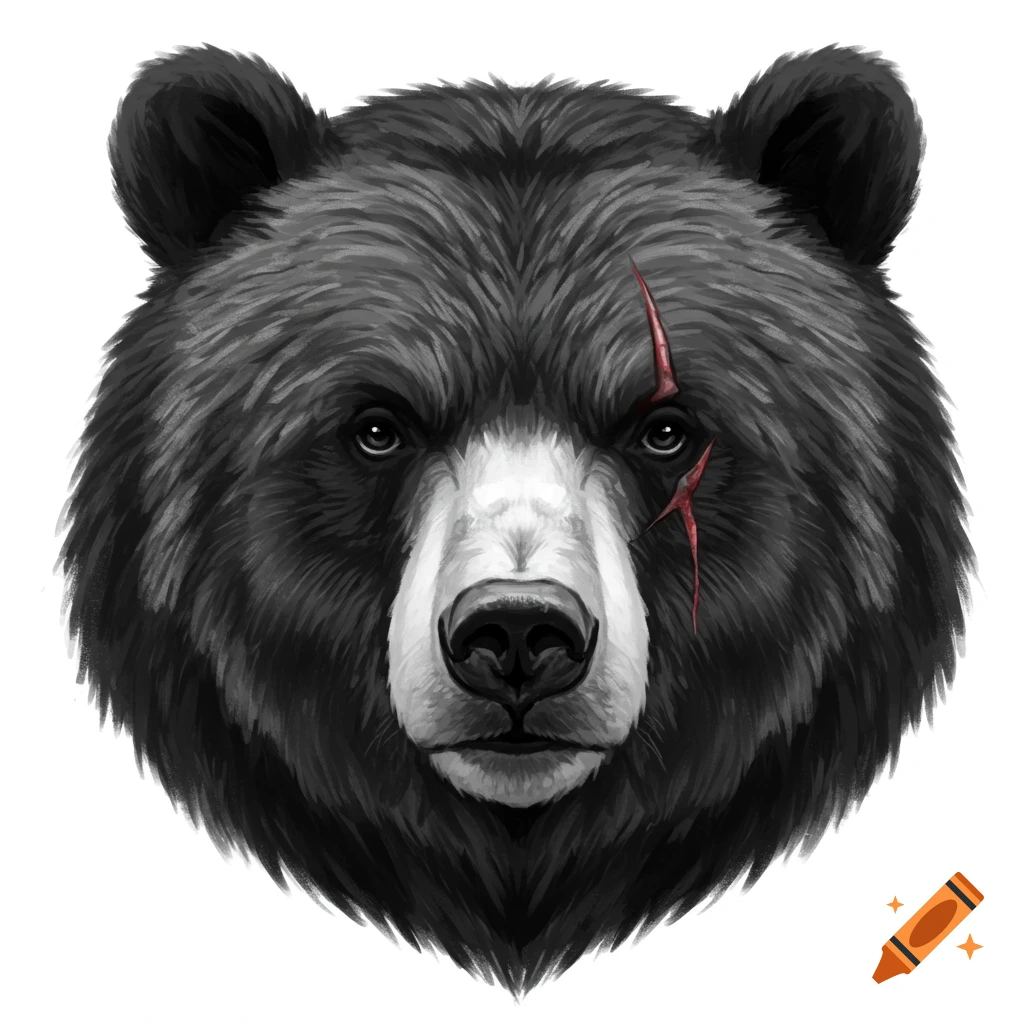 Black and white illustration of a bear head with a scar.