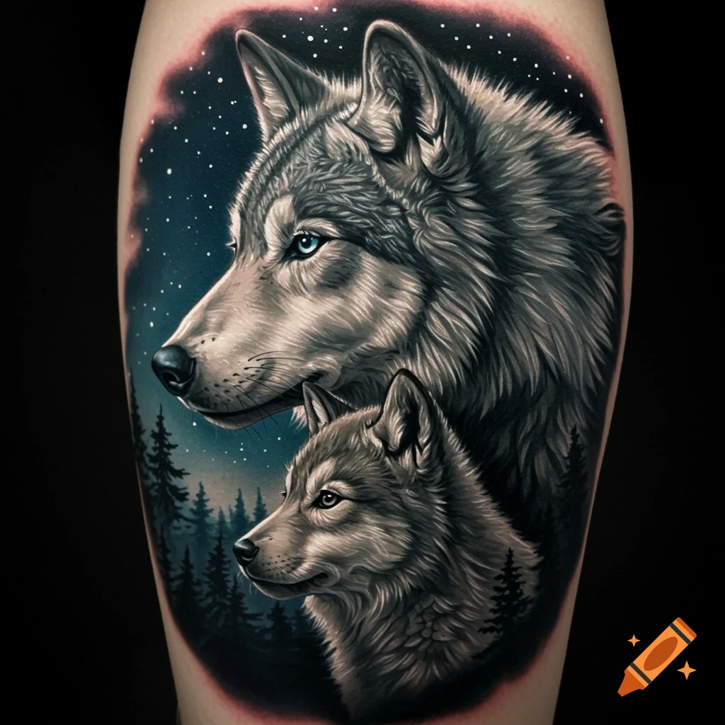 A realistic tattoo-style image of a large wolf and a smaller wolf side-by-side against a night sky with stars and trees.