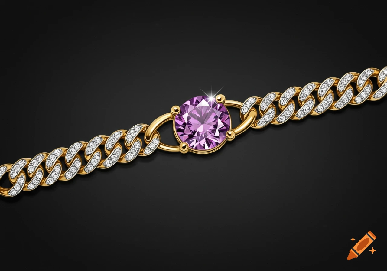 Close-up of a gold chain with diamonds and a large purple gemstone on a black background.