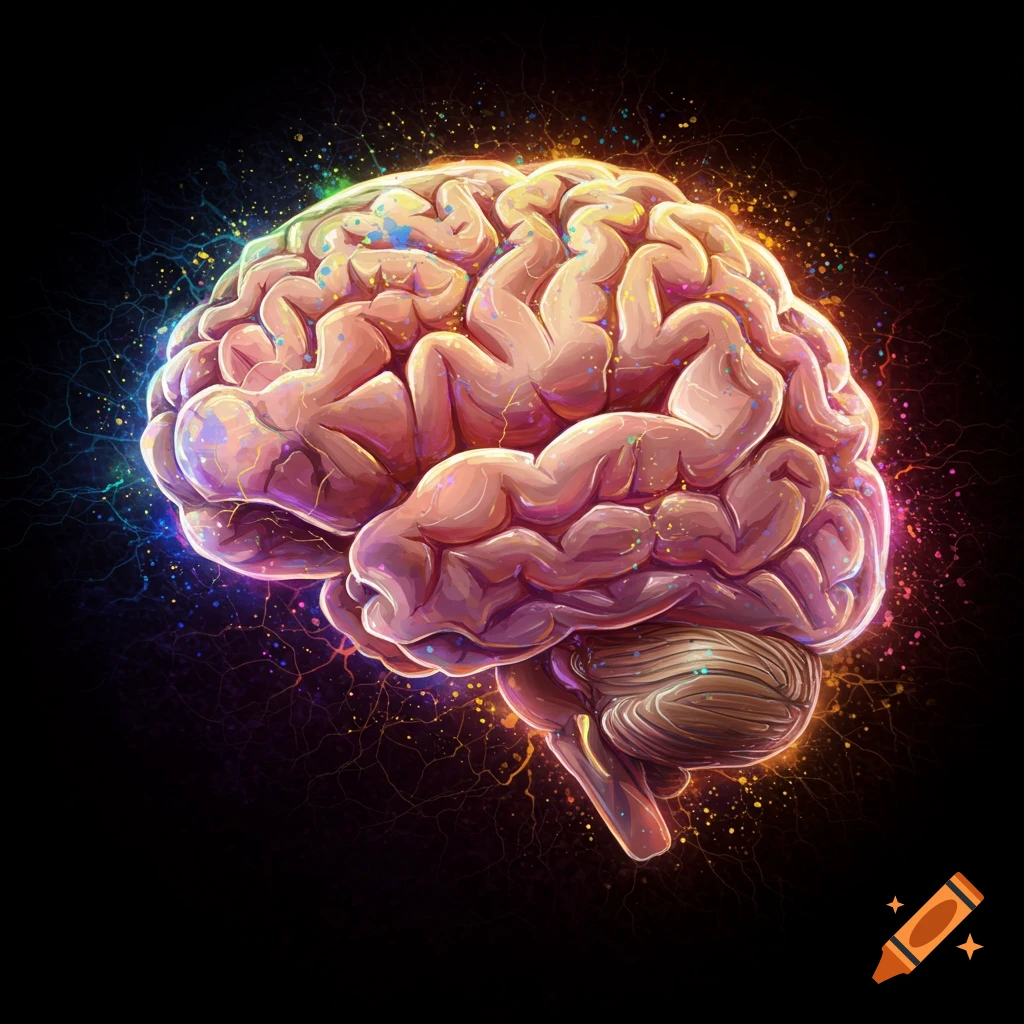 A colorful, stylized illustration of a human brain with energy lines and splatters on a black background.