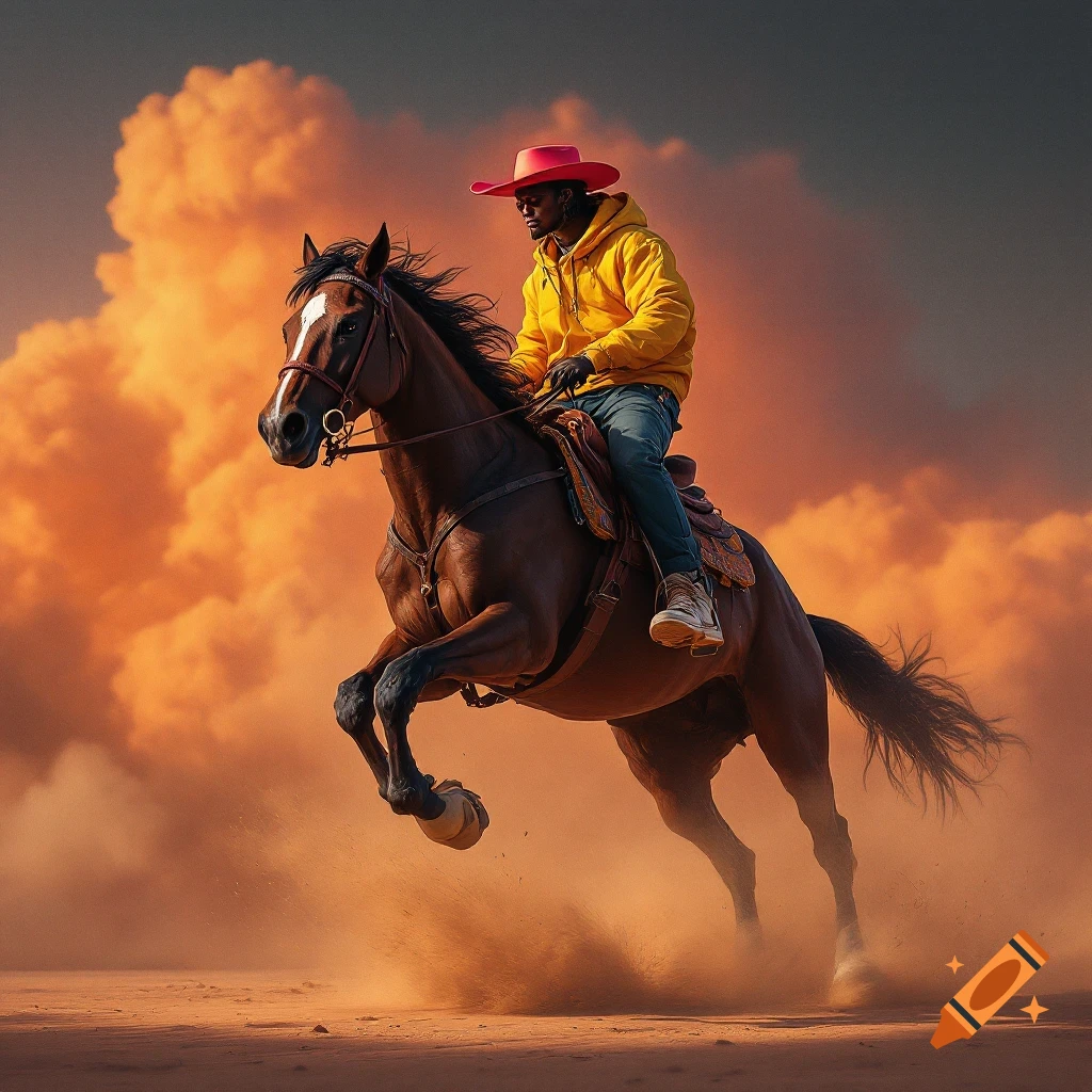 Person in red cowboy hat and yellow hoodie rides a horse through dusty orange landscape.