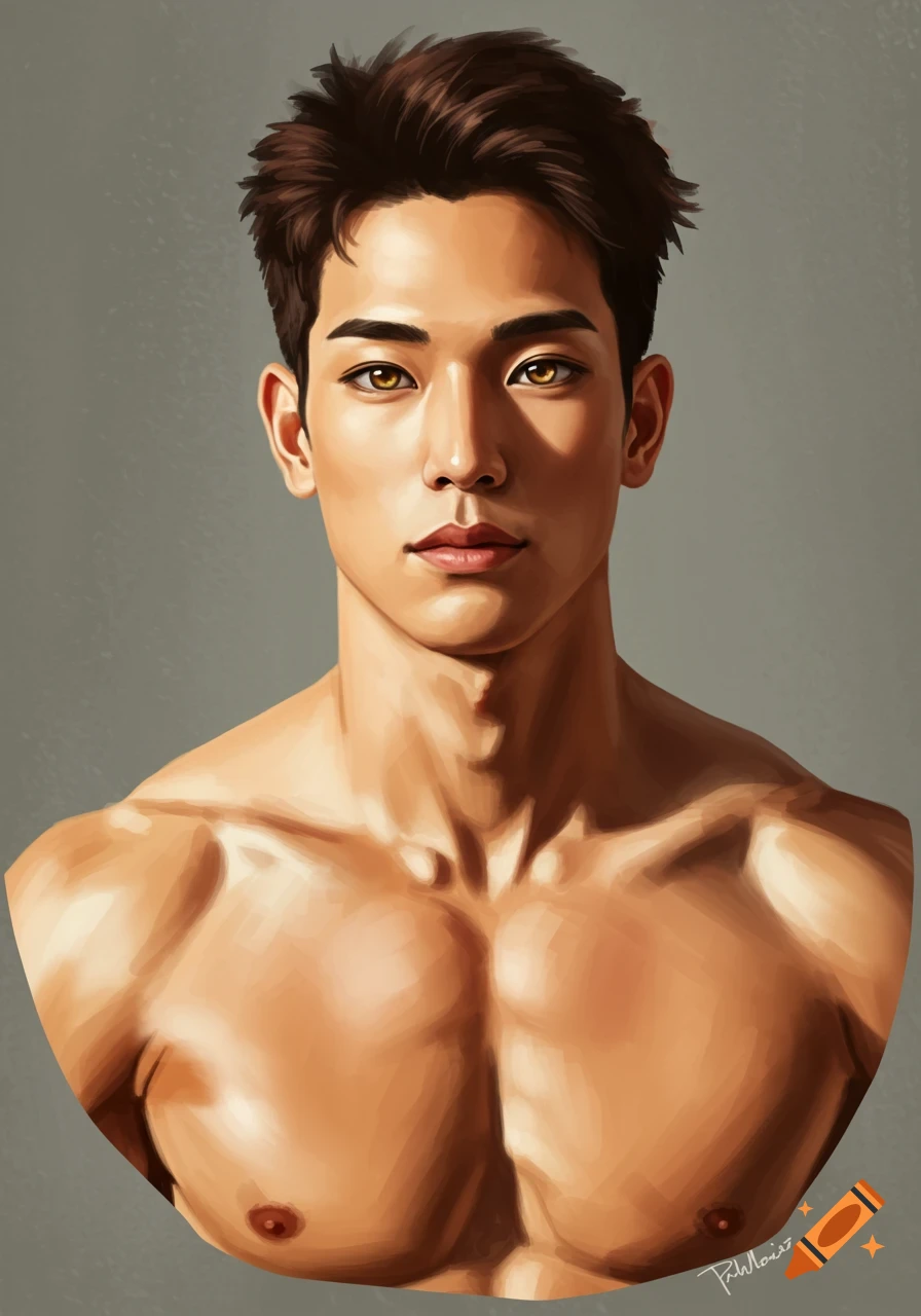 Artistic portrait of a muscular man with brown hair, golden eyes, and warm beige skin.