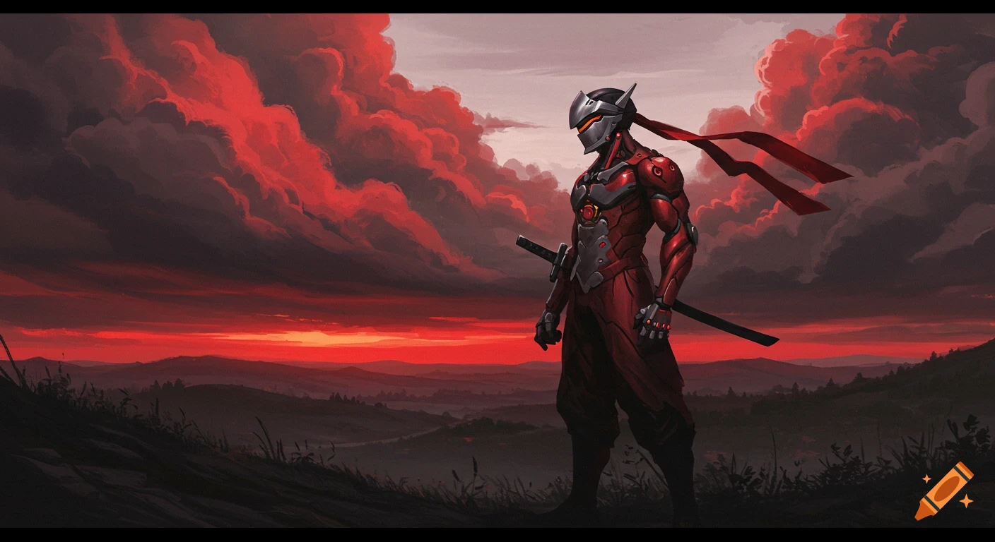 A cyborg ninja in red armor stands on a hill against a stormy red sunset.