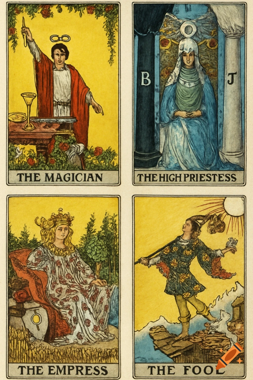 Four illustrated tarot cards: The Magician, The High Priestess, The Empress, The Fool.