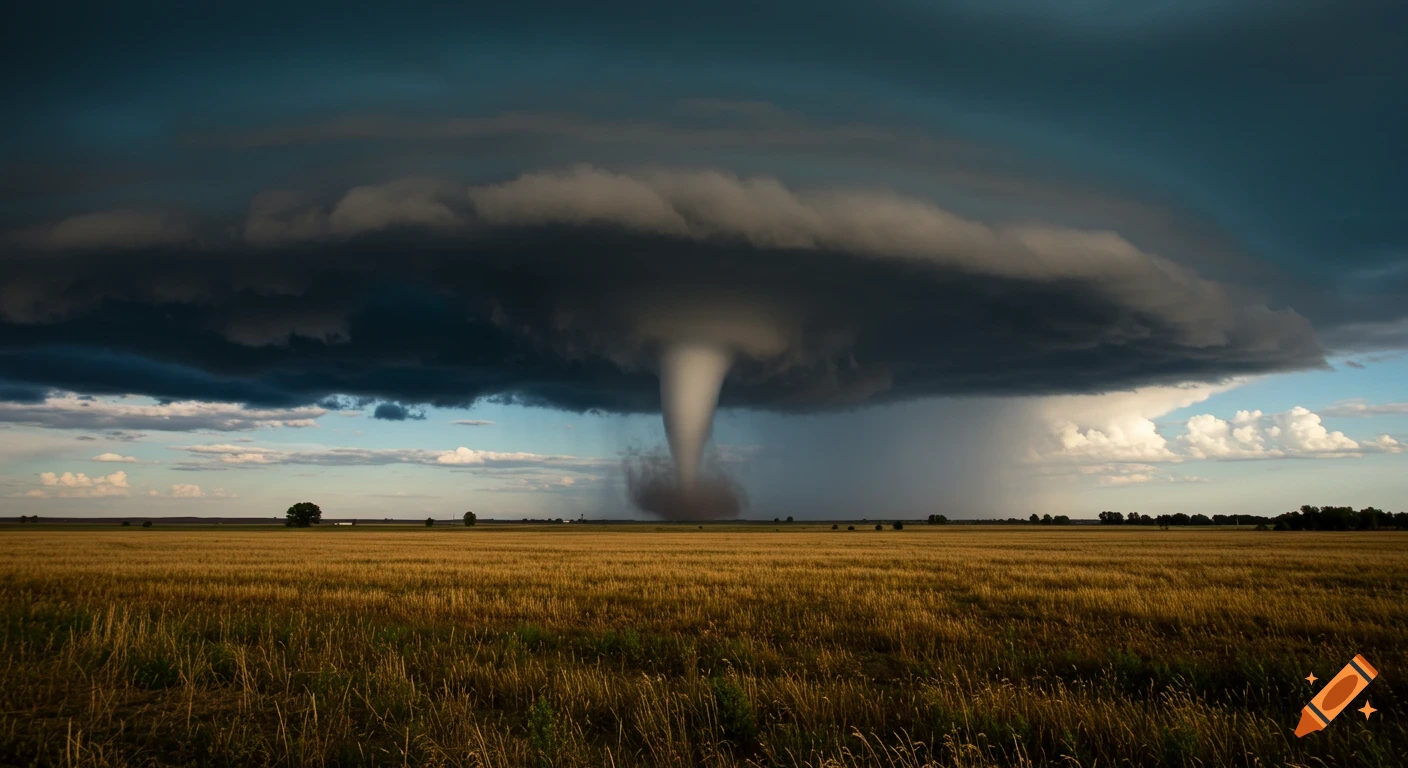 A large wedge tornado spins over a golden field under a dark, stormy sky.