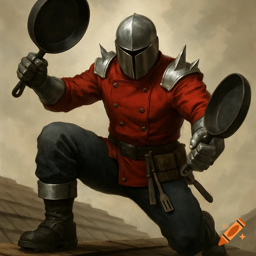 Character with silver helmet, red chef jacket, and tactical gear crouches holding two frying pans.