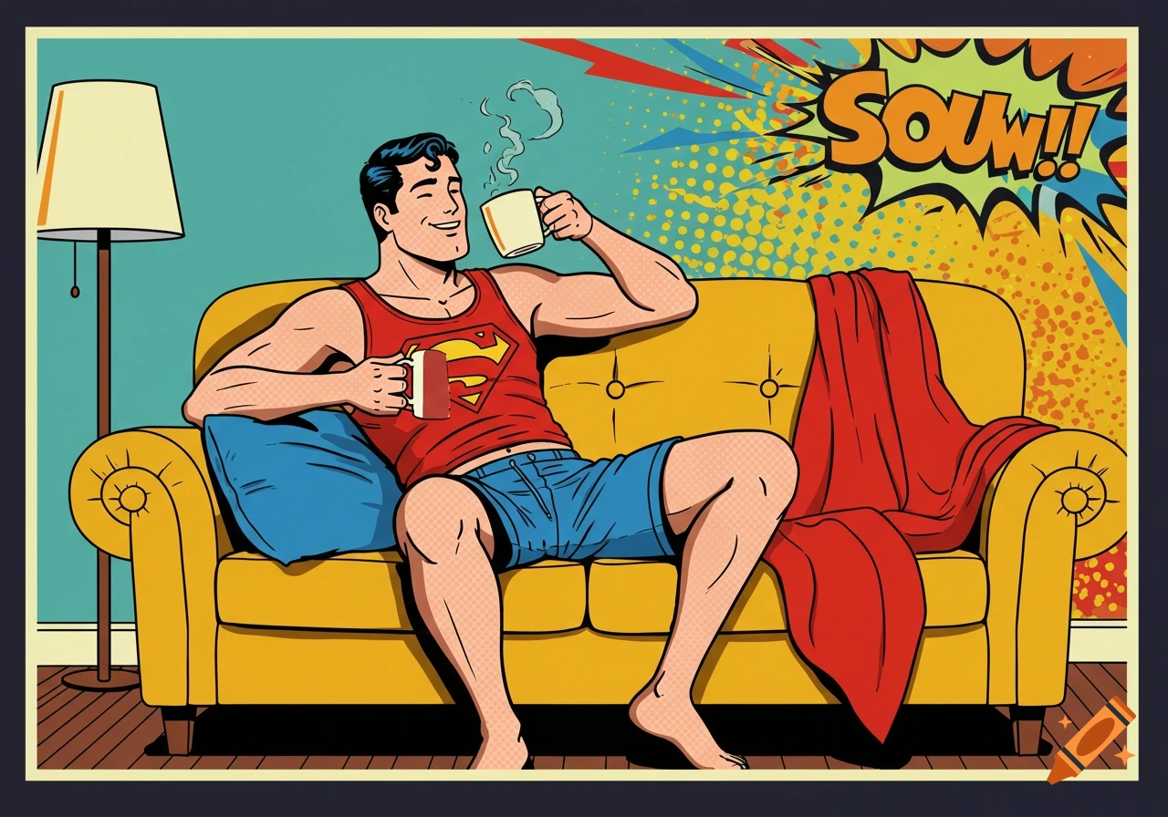 Comic style illustration of Superman relaxing on a couch, drinking coffee.