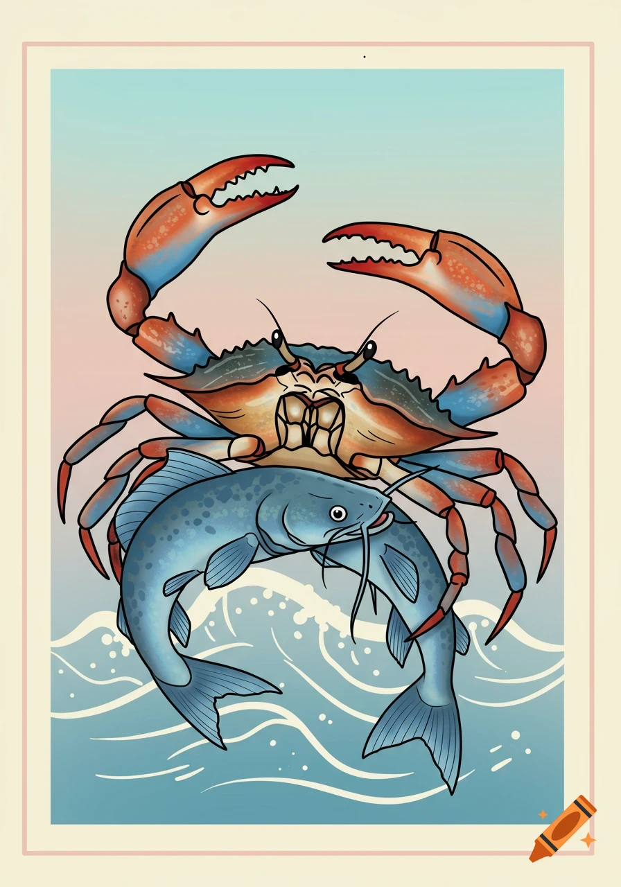 Blue crab holding a blue catfish over waves, traditional illustration style.