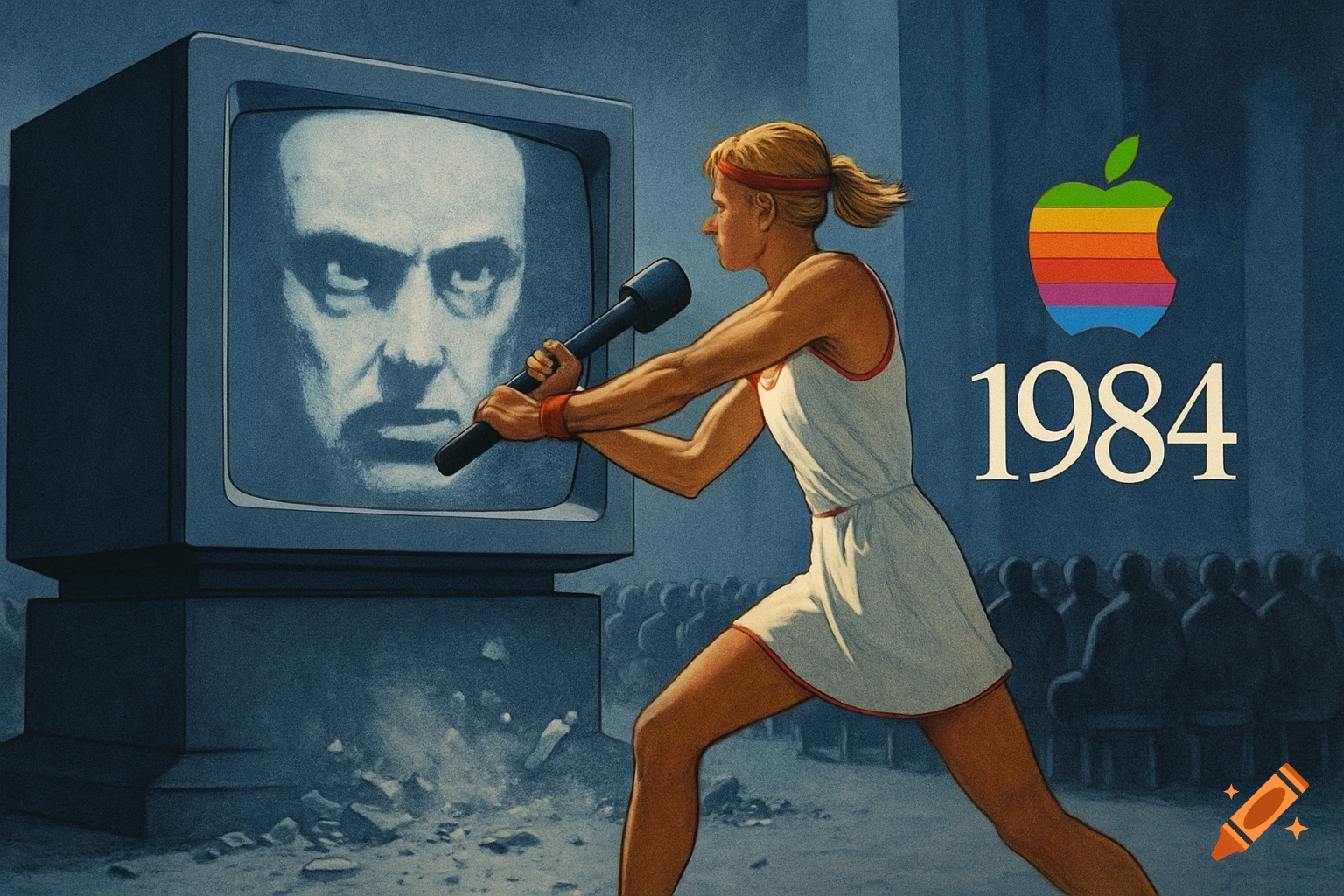 Woman in white dress hits monitor with sledgehammer, showing a face, Apple logo, 1984 text, stylized ad