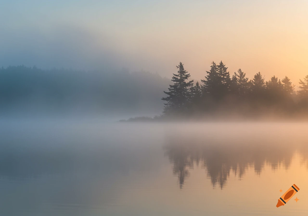 Foggy lake at dawn with tree silhouettes reflecting in the water.