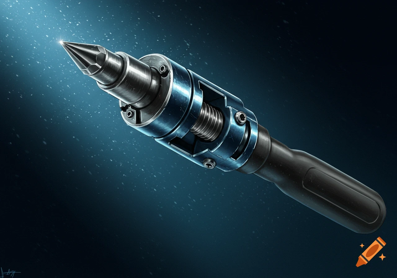 Detailed digital painting of a mechanical tool with a pointed tip and blue accents, against a dark background.