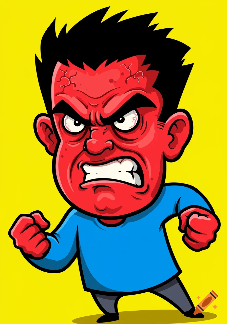 Cartoon illustration of an angry man with a red face and clenched fists on a yellow background.