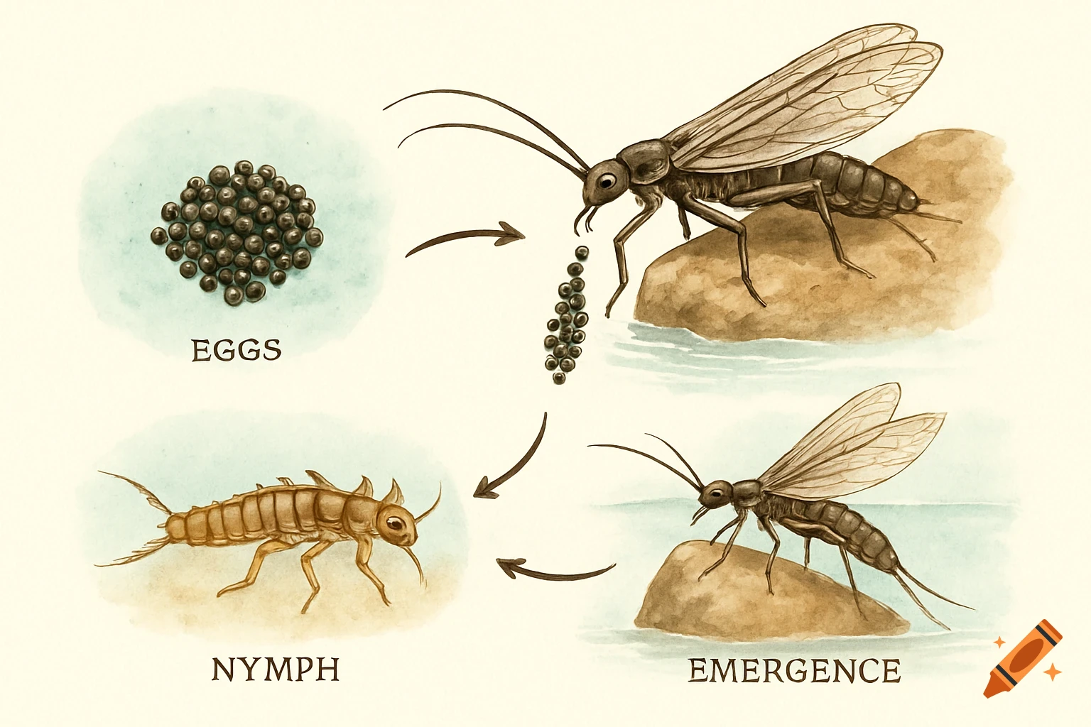 A watercolor illustration diagramming the life cycle of a stonefly, showing eggs, nymph, and emergence stages.