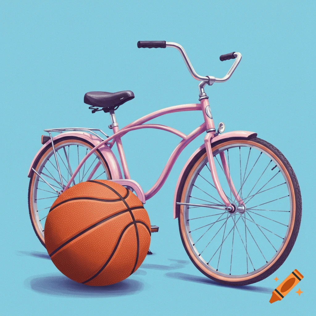 A pink bicycle stands with a basketball leaning against its rear wheel, set against a bright blue background.