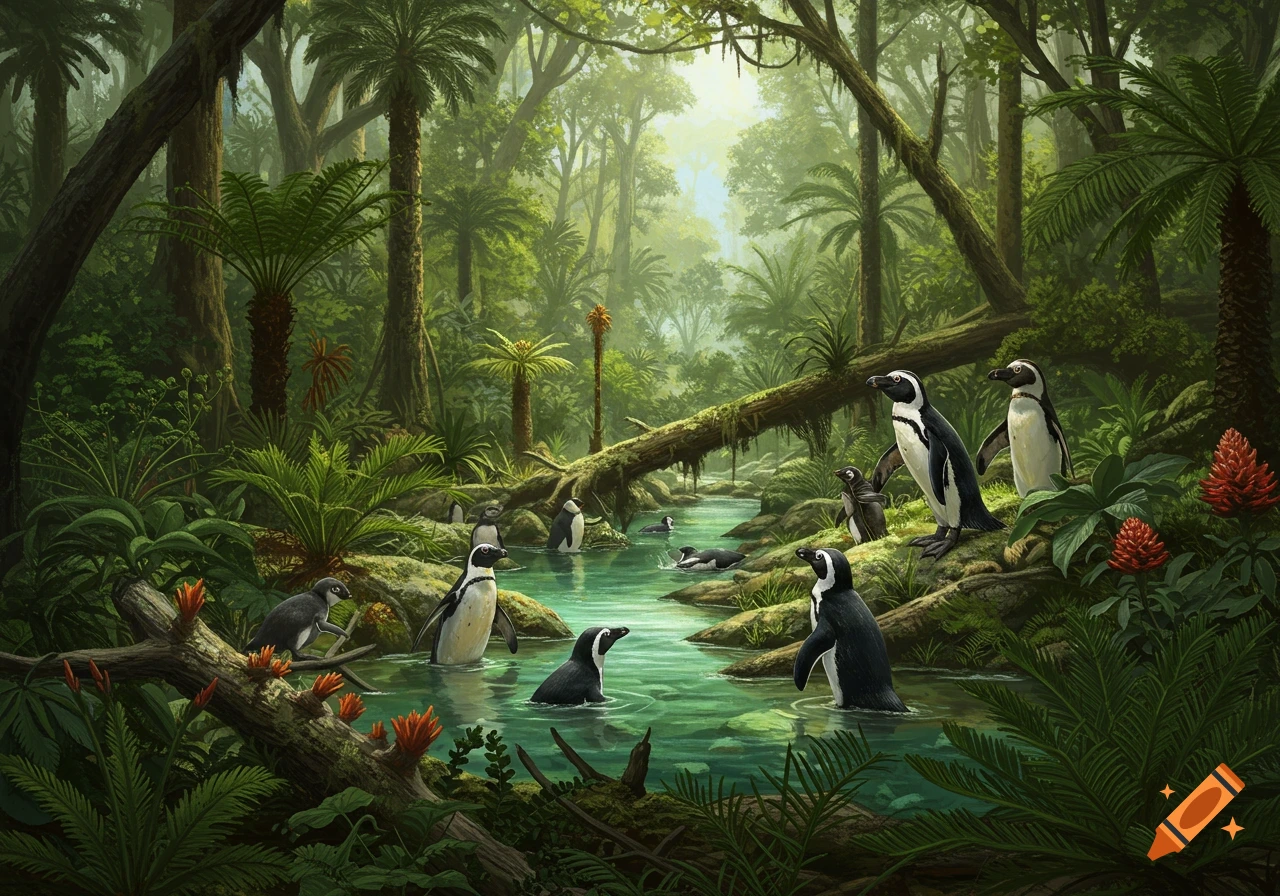 Penguins gathered by a stream in a lush, green prehistoric jungle setting.