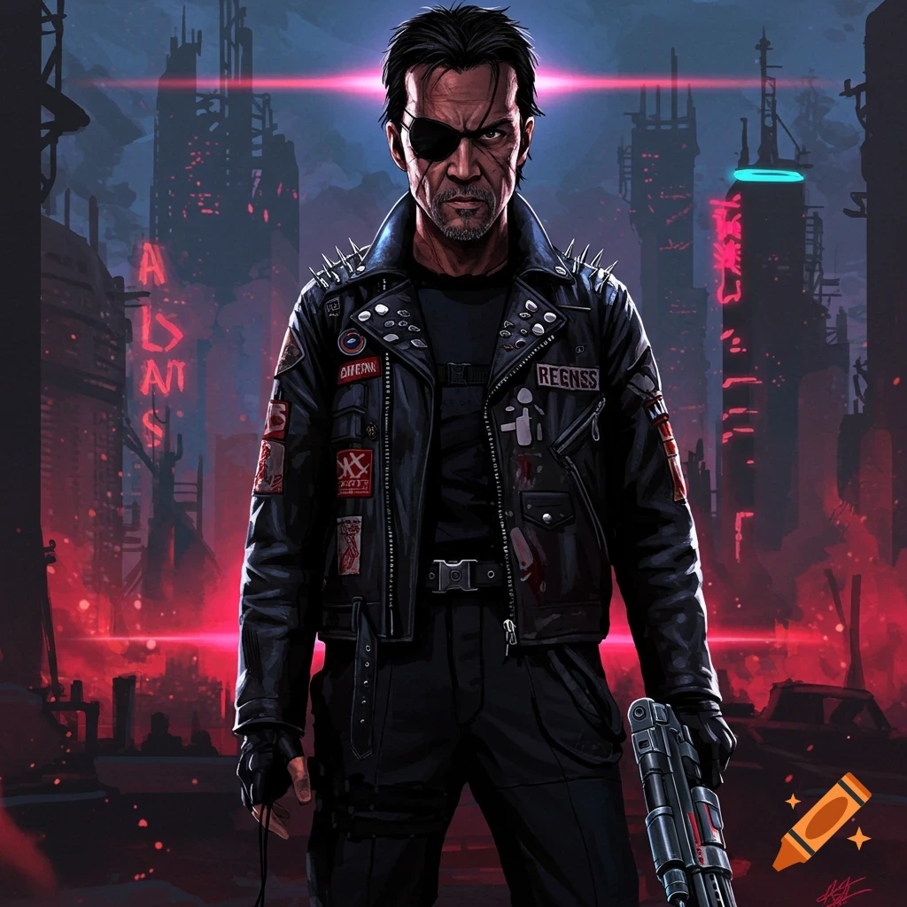 A tough character with an eyepatch and spiked leather jacket stands in ...