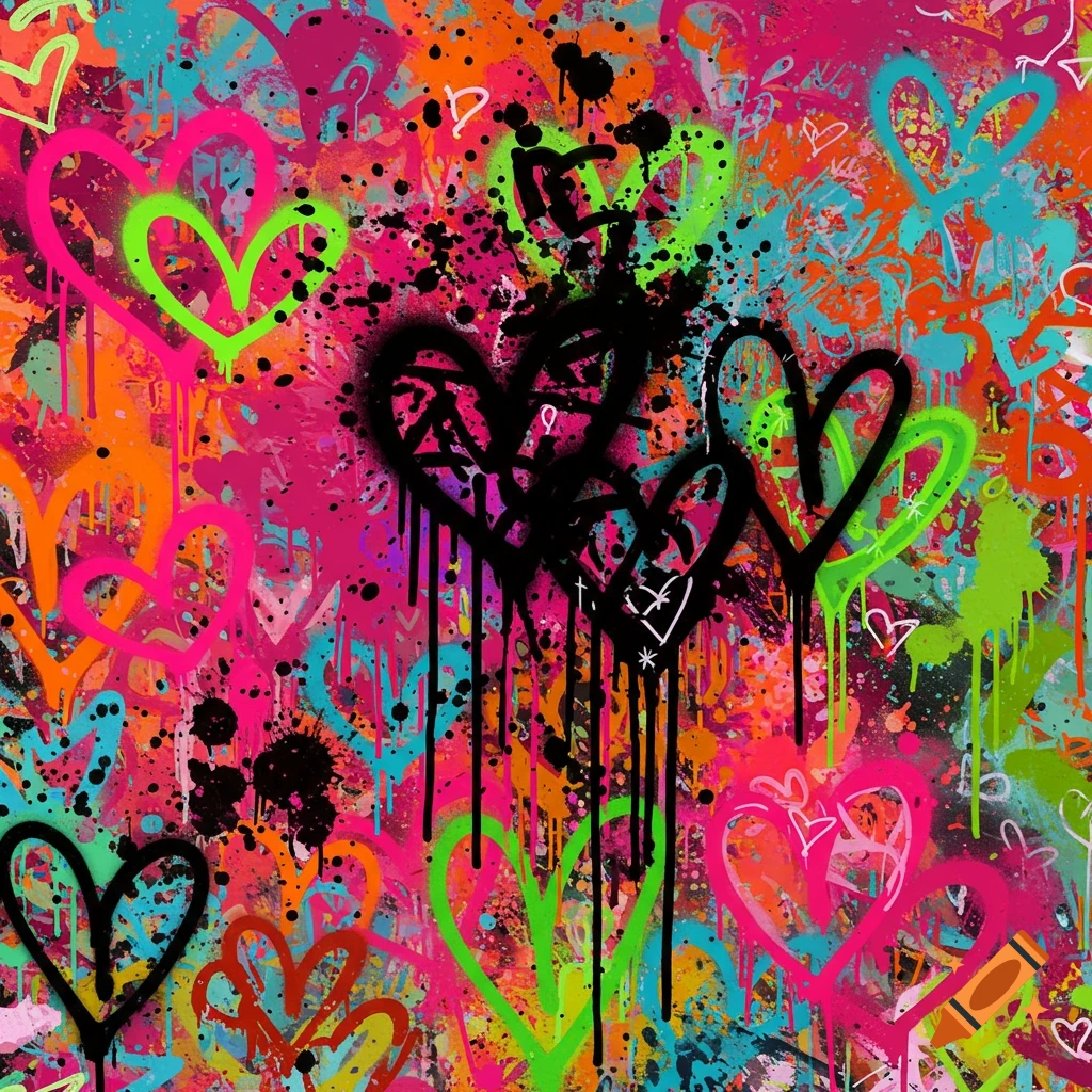 Colorful neon graffiti with hearts, splatters, and paint drips.