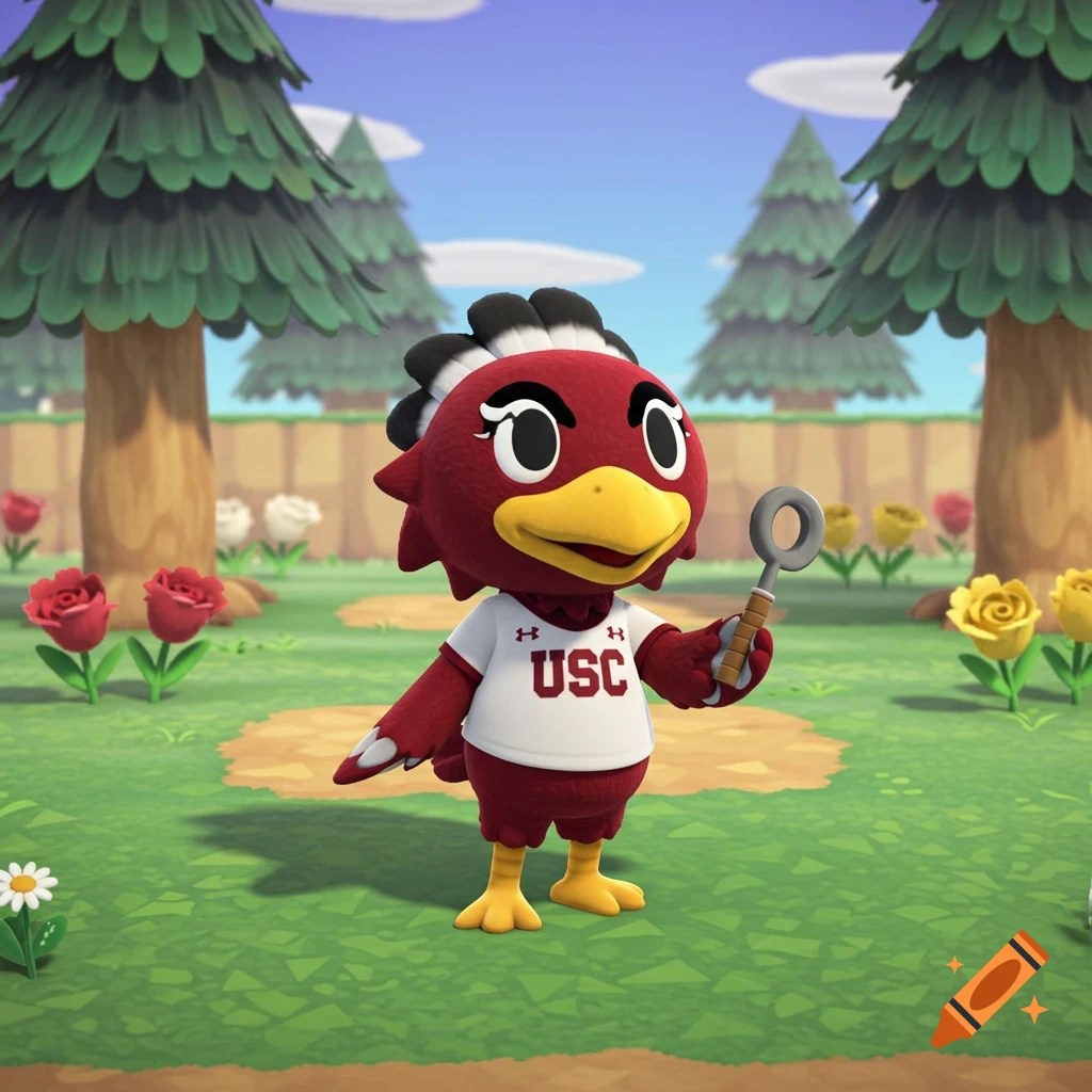 A red bird mascot in Animal Crossing style, wearing a white USC shirt and holding a bubble wand.