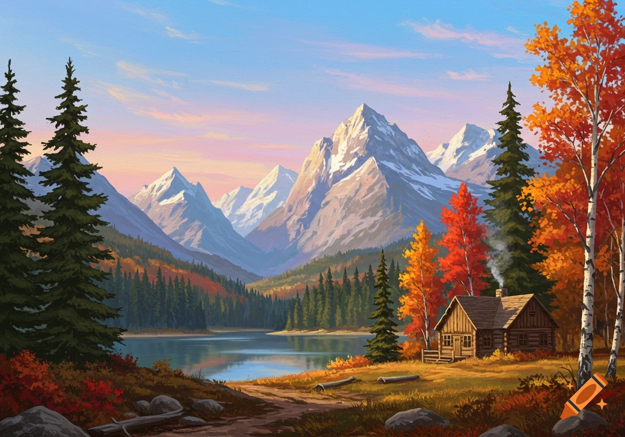 Landscape painting of an autumn mountain lake with a cabin.
