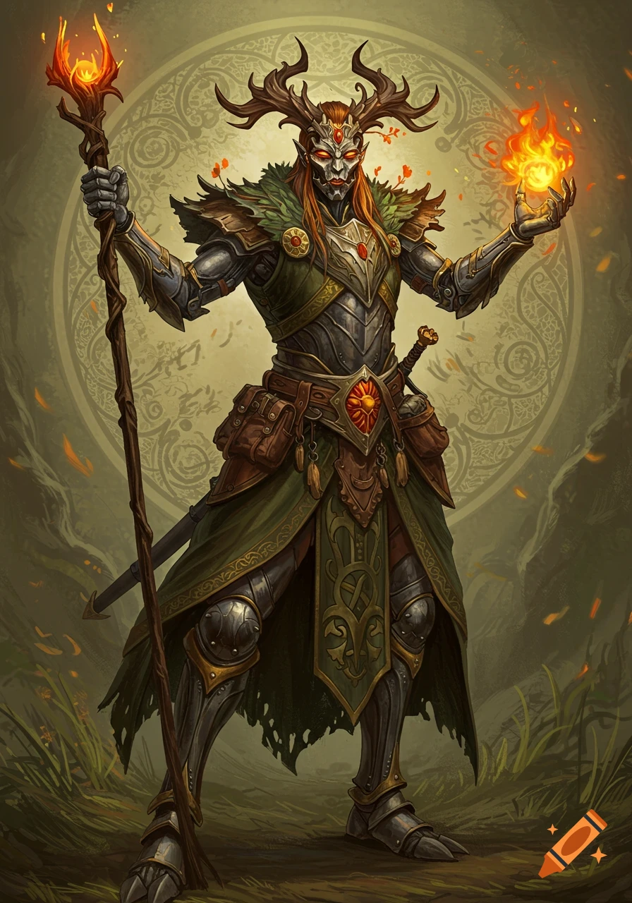 Fantasy character wearing armor with antlers, holding a staff and casting fire magic, digital painting.