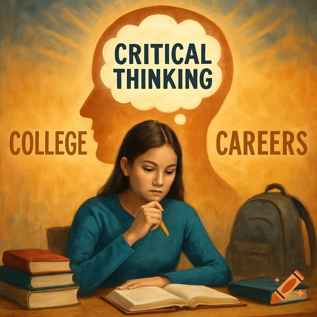 Young woman studying, with text 'Critical Thinking', 'College', 'Careers' in a painterly style.