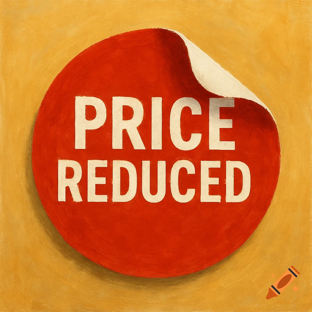 Red circular 'PRICE REDUCED' sticker with peeling edge on a textured yellow background, illustration style.