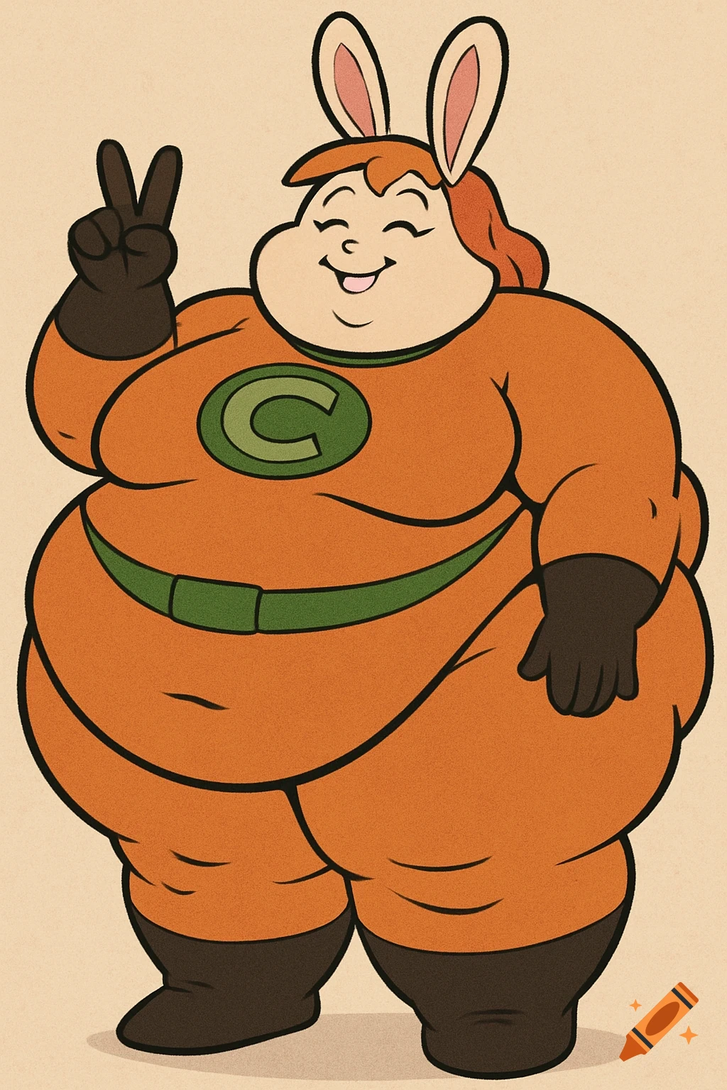 Cartoon of a large person in an orange suit with a green "C" symbol and bunny ears, holding up a peace sign.