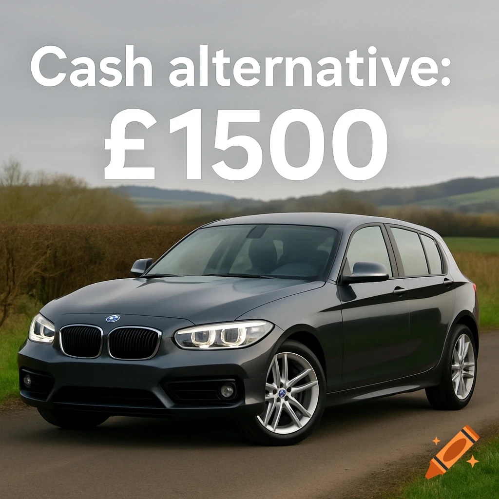 Dark grey hatchback car with text overlay 'Cash alternative: £1500'.