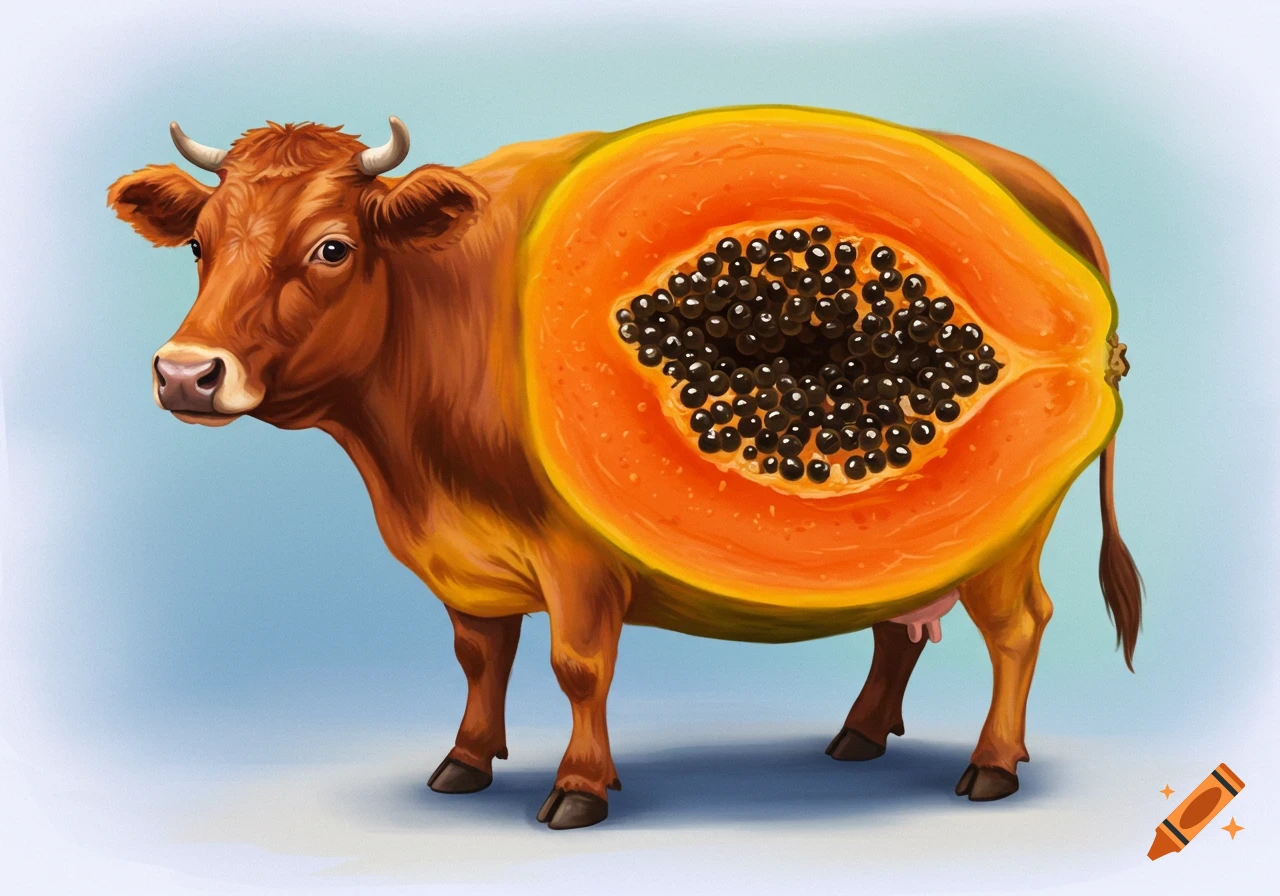Illustration of a brown cow with a papaya cross-section body
