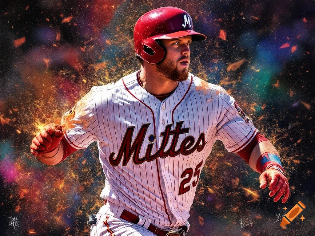 Baseball player in a red helmet and white jersey running, surrounded by fiery orange energy effects.