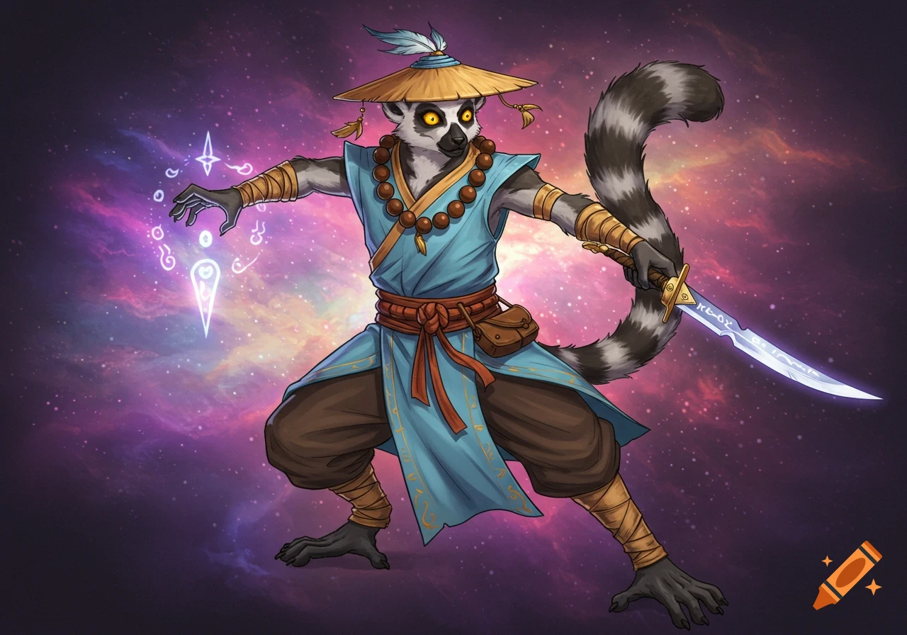 A ring-tailed lemur monk in a conical hat and robe holds a glowing sword and casts a spell against a starry background.