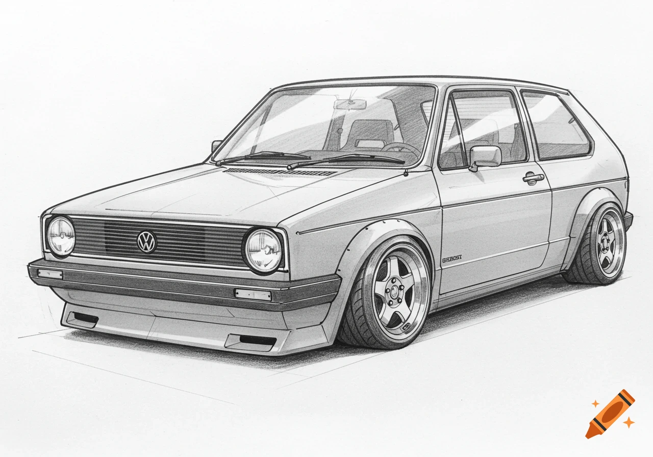 Pencil sketch of a classic VW Golf MK1 with wide fenders and low profile tires.