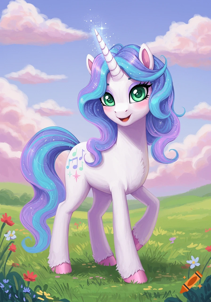 Cartoon unicorn with blue and purple mane, glittery horn, and musical notes on flank stands in a grassy field.