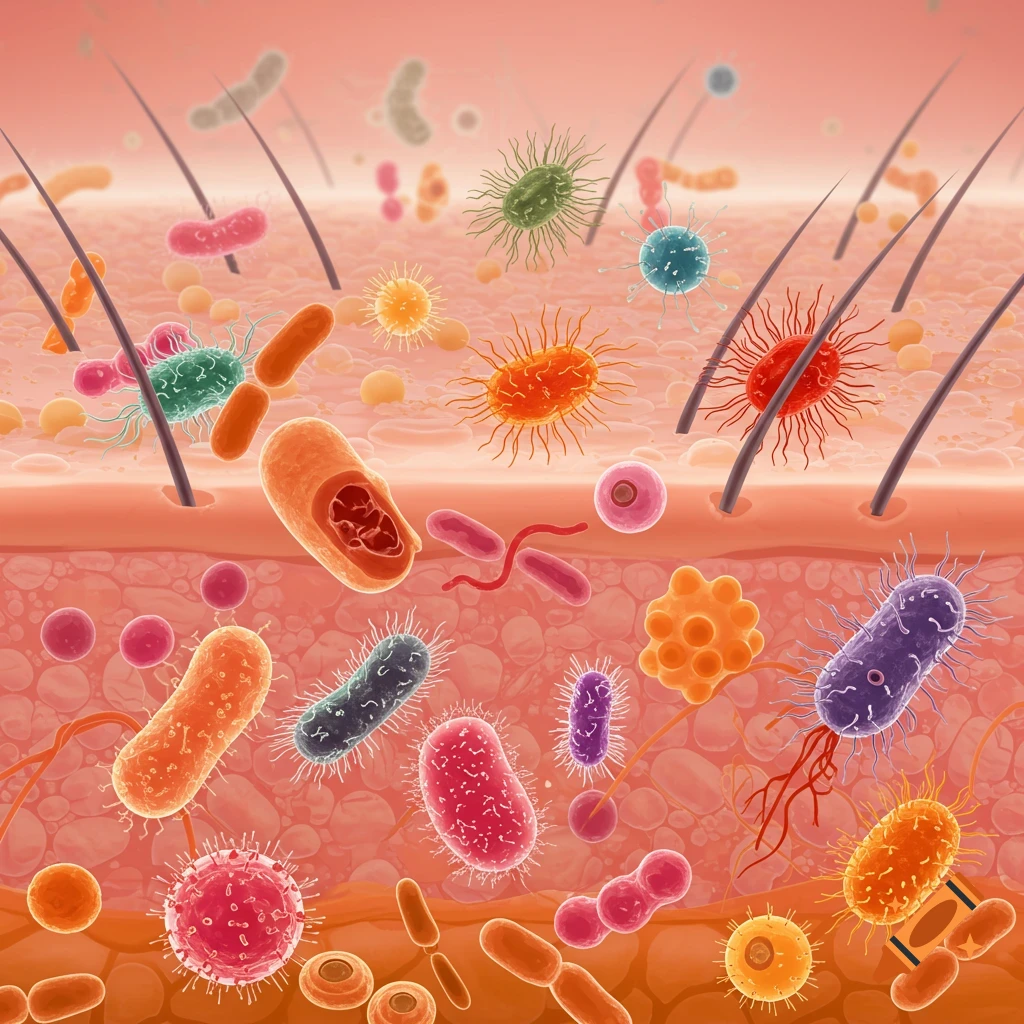 Scientific illustration of various microorganisms, bacteria, and viruses on the surface of human skin near hair follicles.