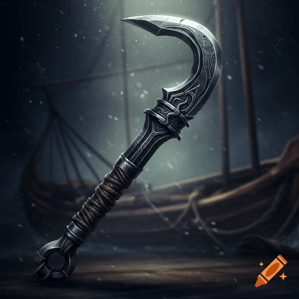 A detailed, stylized medieval shiphook glaive stands in the foreground, with a blurred wooden ship visible behind it in a dark, snowy setting.
