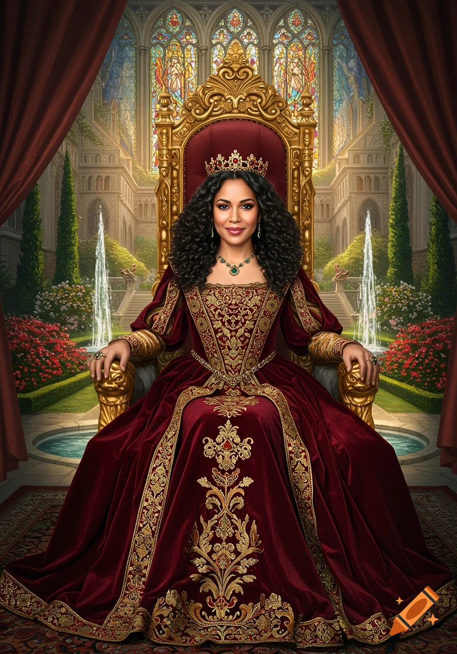 A queen in a detailed red and gold historical gown sits on a golden throne in a castle courtyard.