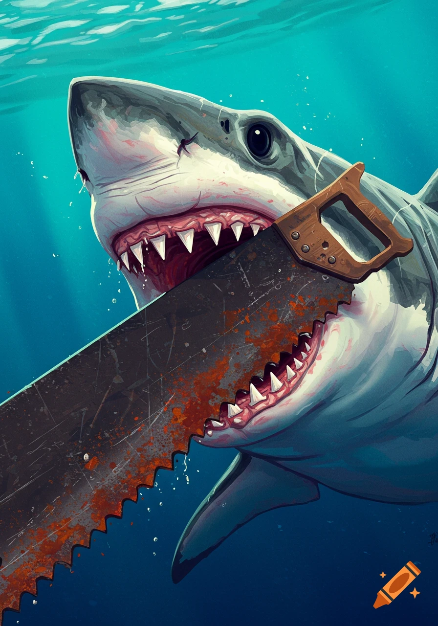 Illustration of a shark holding a rusty saw in its mouth underwater.
