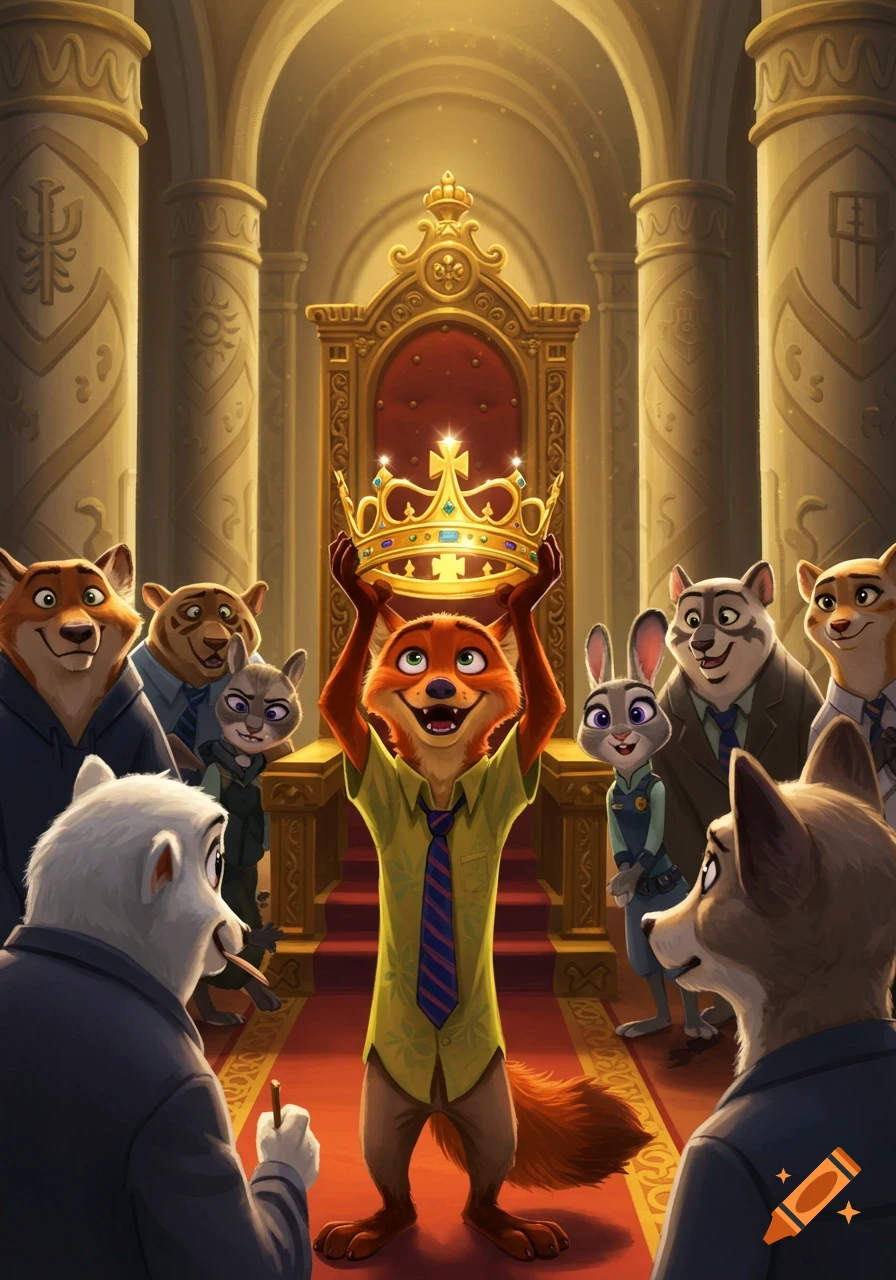 Nick Wilde, a fox, holding a crown in a throne room surrounded by other Zootopia characters.