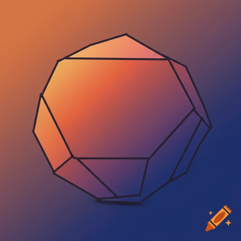 An abstract image of a geometric polyhedron with black outlines and a smooth orange to purple gradient fill, set against a gradient background.
