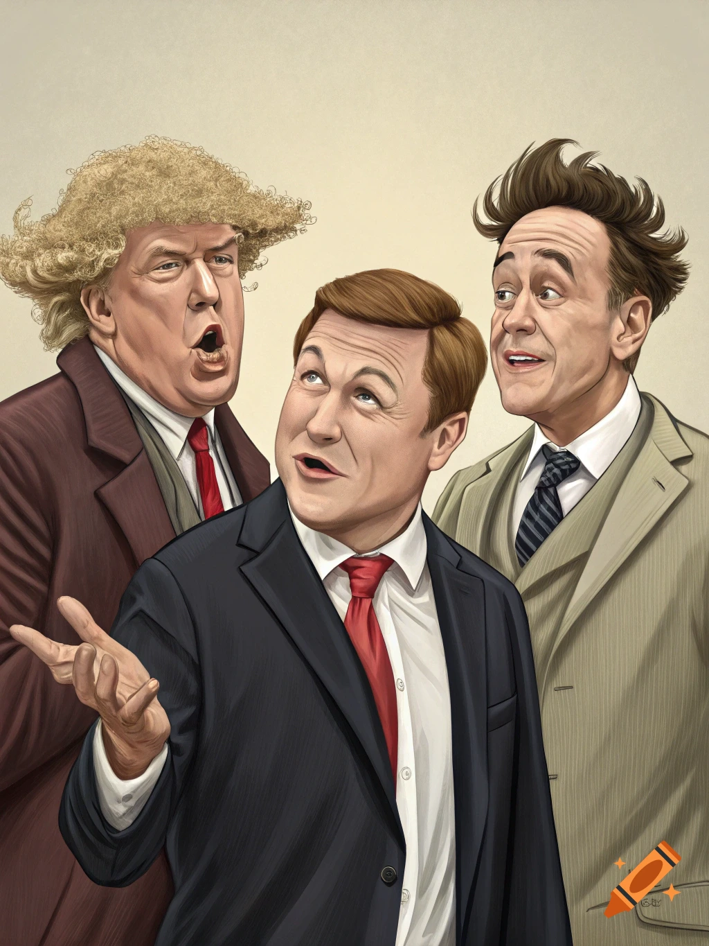 A caricature of Trump, Musk, and RFK Jr. in suits, posing like the Three Stooges.