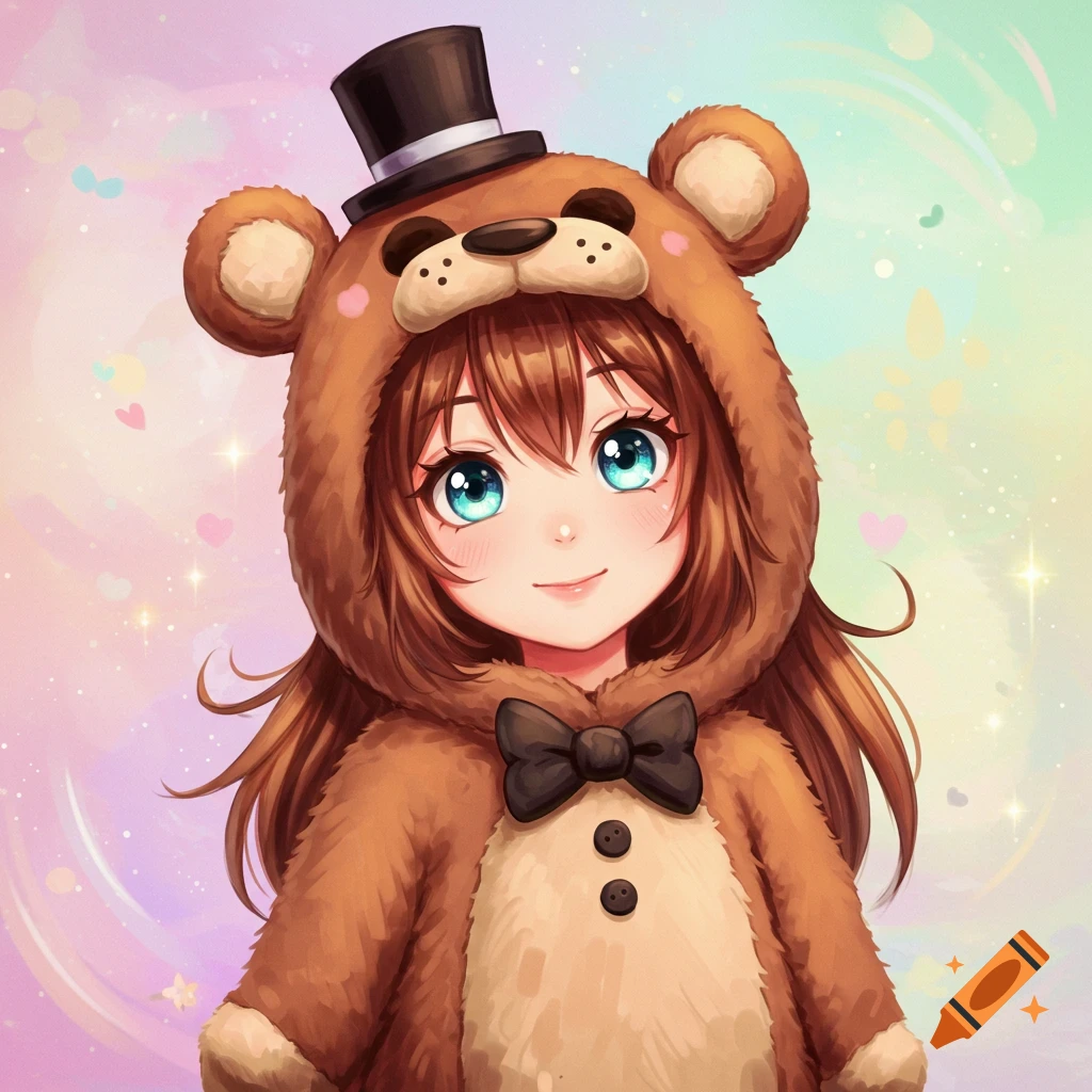 Anime girl in a brown bear costume and top hat.
