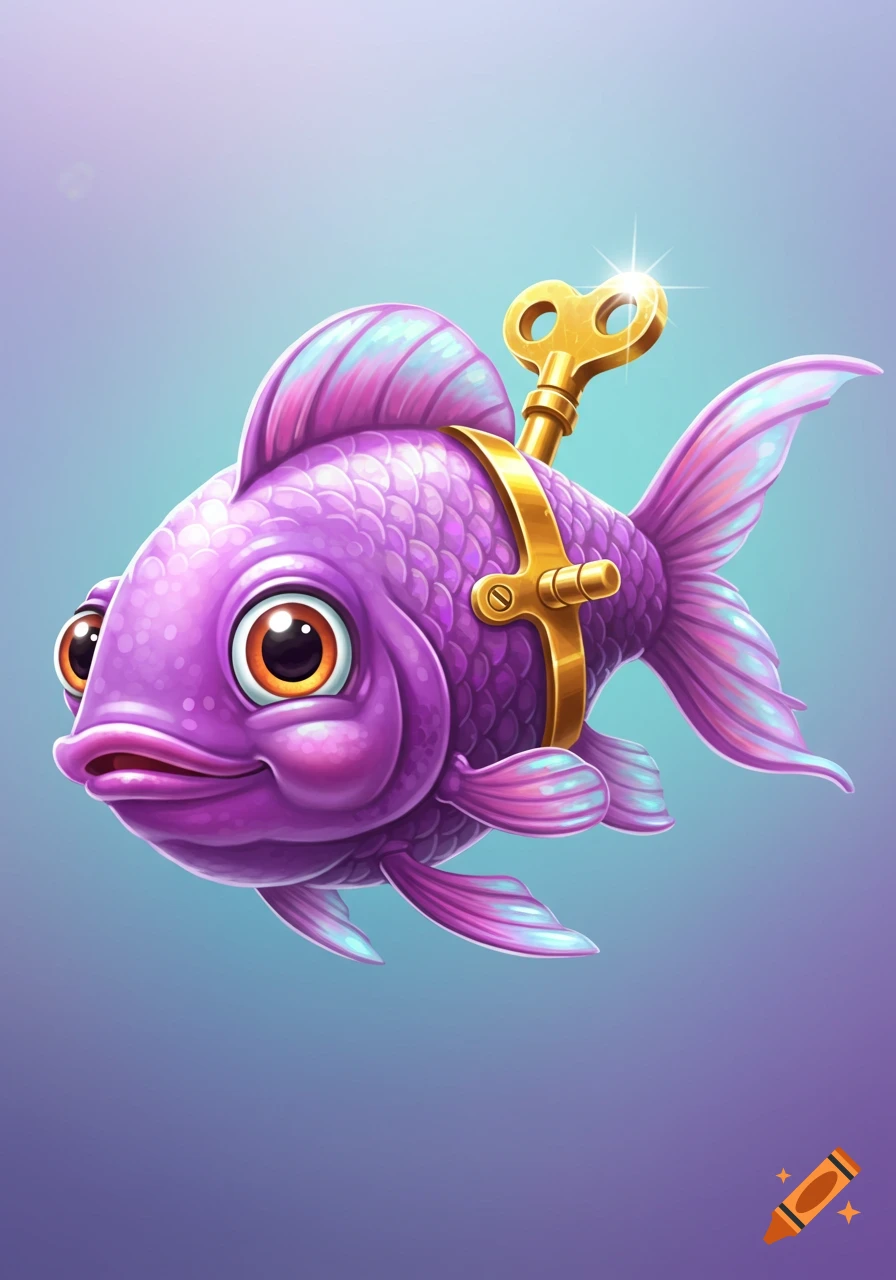 A purple wind-up fish illustration