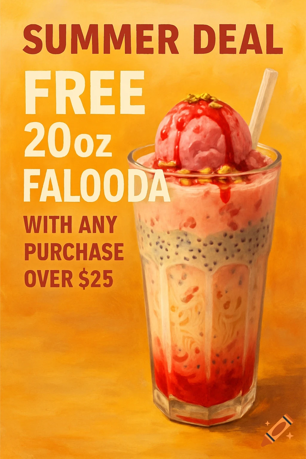 A vibrant poster advertising a summer deal for a free falooda drink with purchase over $25.