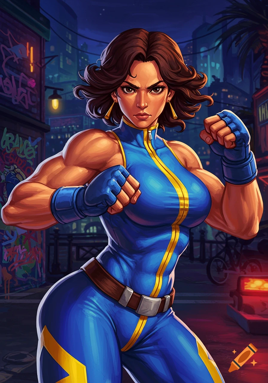 Muscular woman in blue and yellow suit in a fighting pose on a city street at night. Illustration.