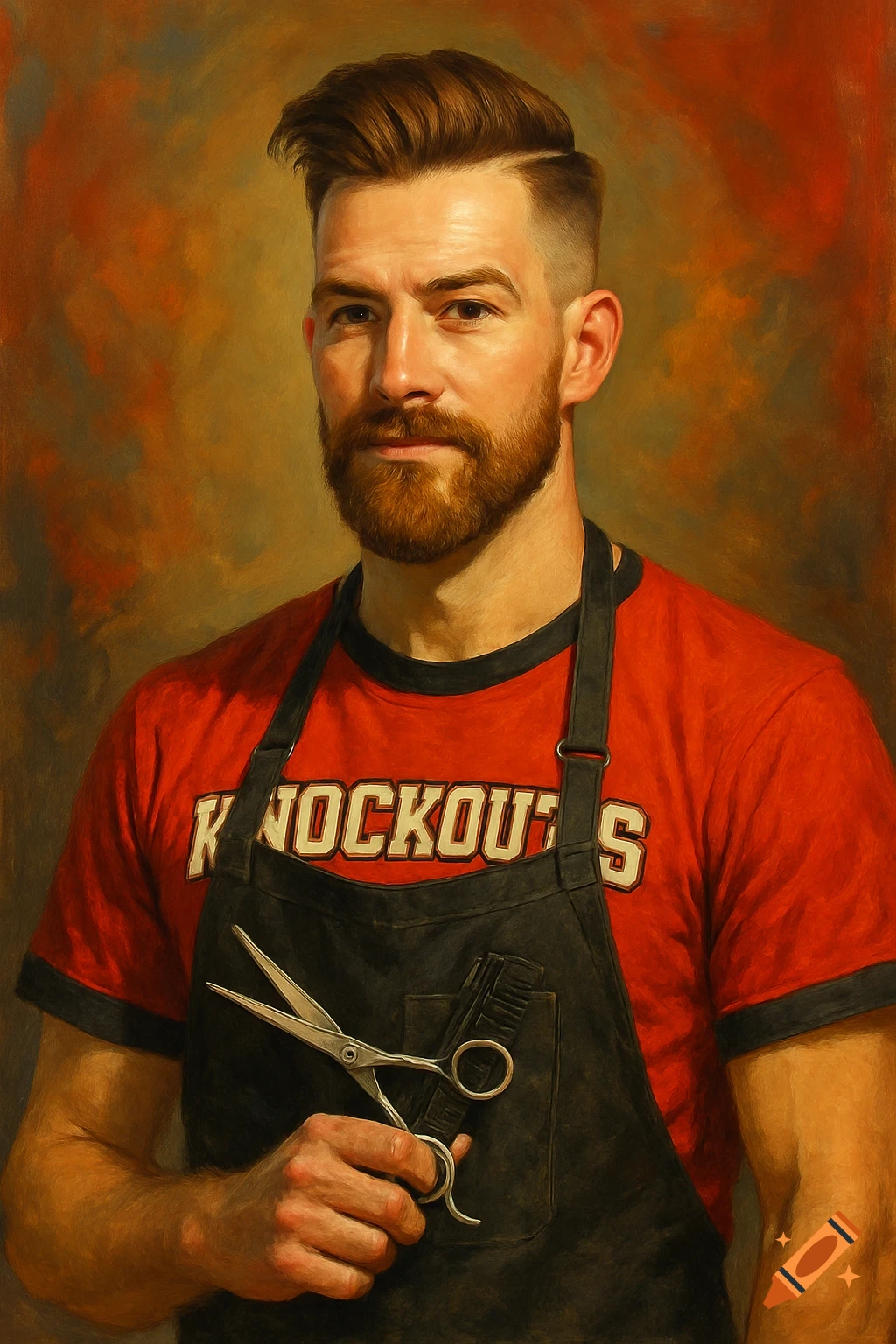 Portrait of a male barber holding scissors, wearing a red shirt with 'Knockouts', painted style.